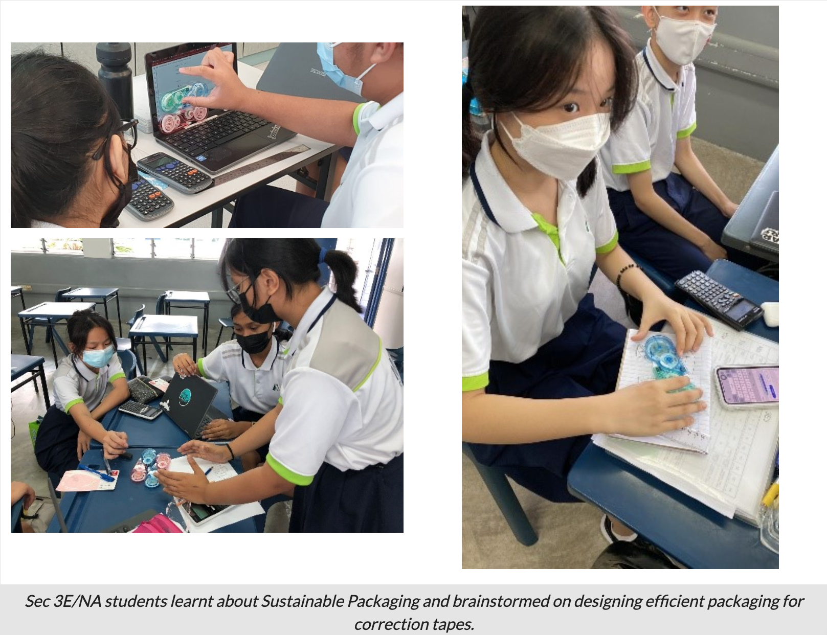 Students in school uniforms and masks work together on laptops and notebooks, handling correction tape packaging designs.